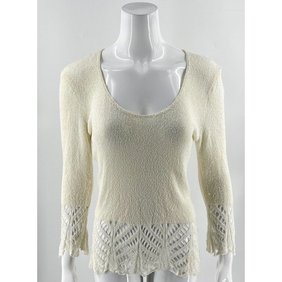 Cache Sweater Size Small Ivory Lace Detail Slinky Knit Stretch 3/4 Sleeve Womens - Picture 1 of 5